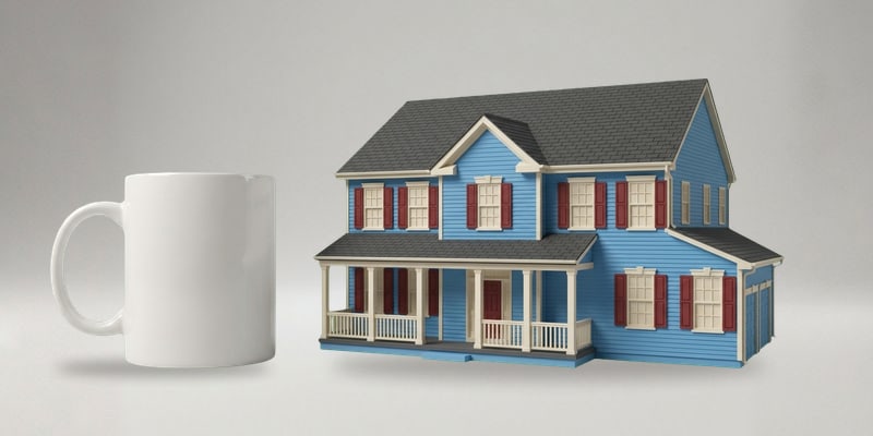 The grand multicolor house keepsake next to a coffee mug for scale