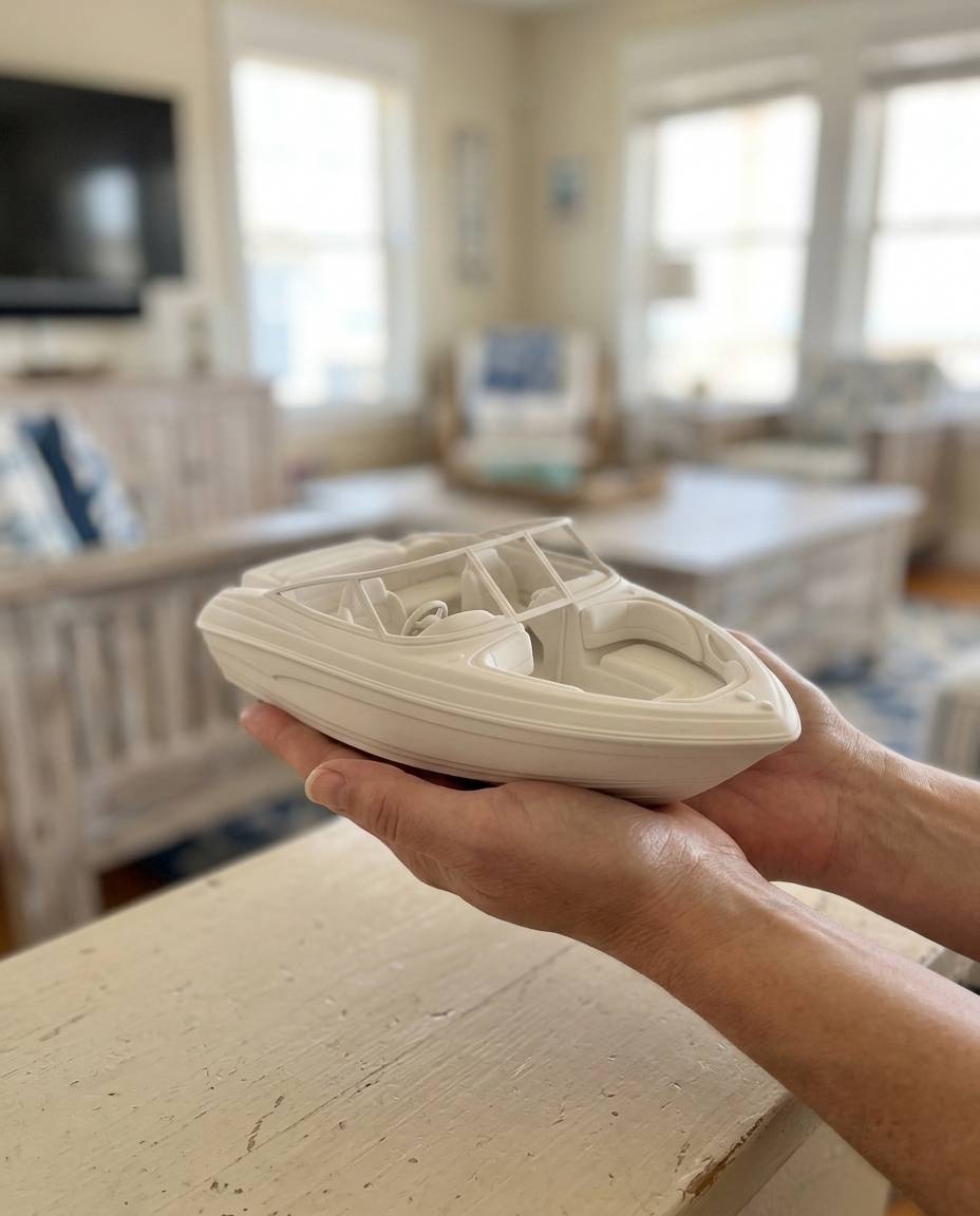 Custom Sculpted Ceramic Boat, shown in a home setting