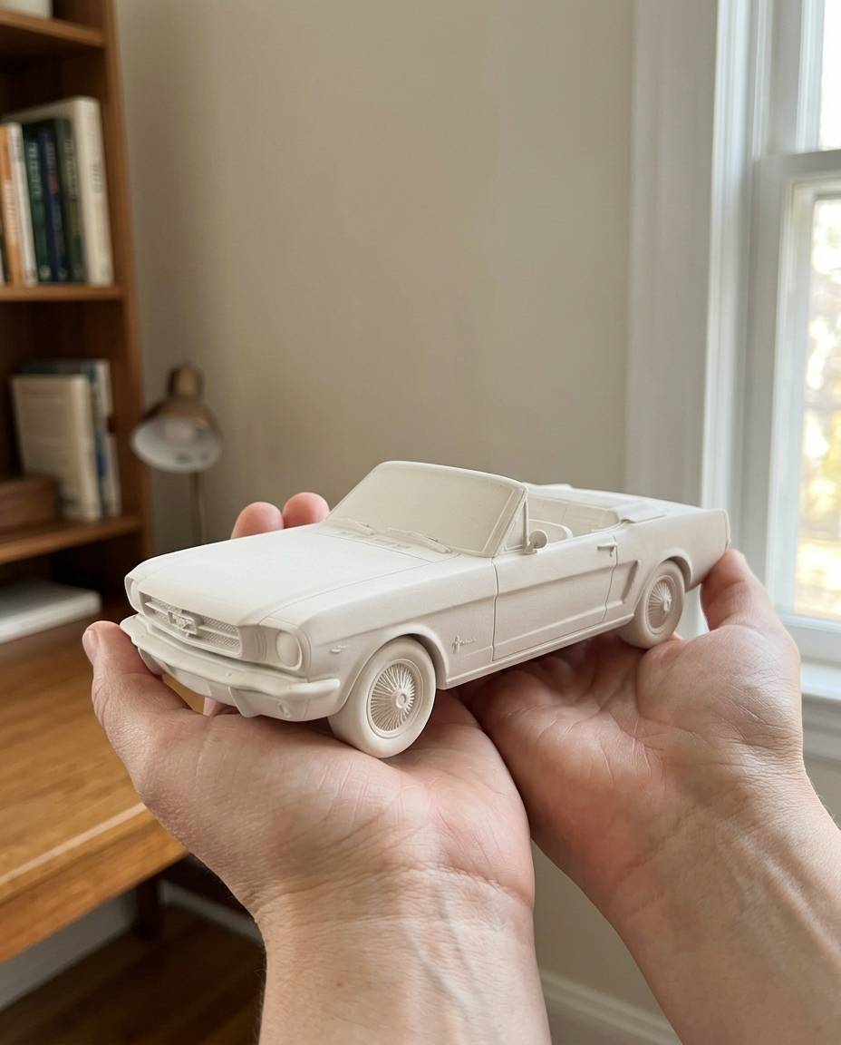 Custom Sculpted Ceramic Car, shown in a home setting