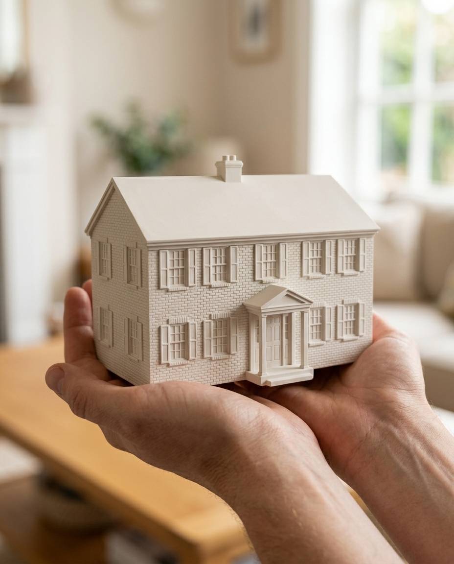 Custom Sculpted Ceramic House, shown in a home setting