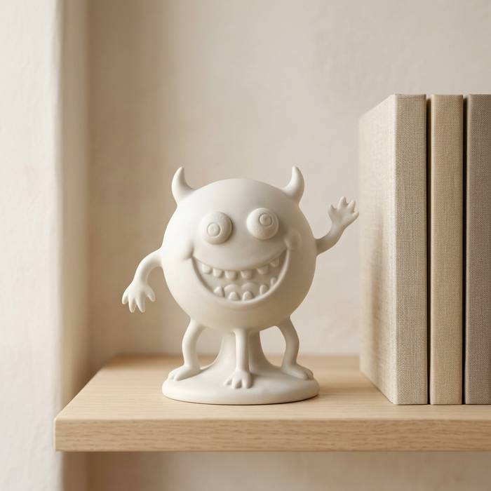 A custom kids drawing keepsake in matte engineered ceramic, shown on a shelf