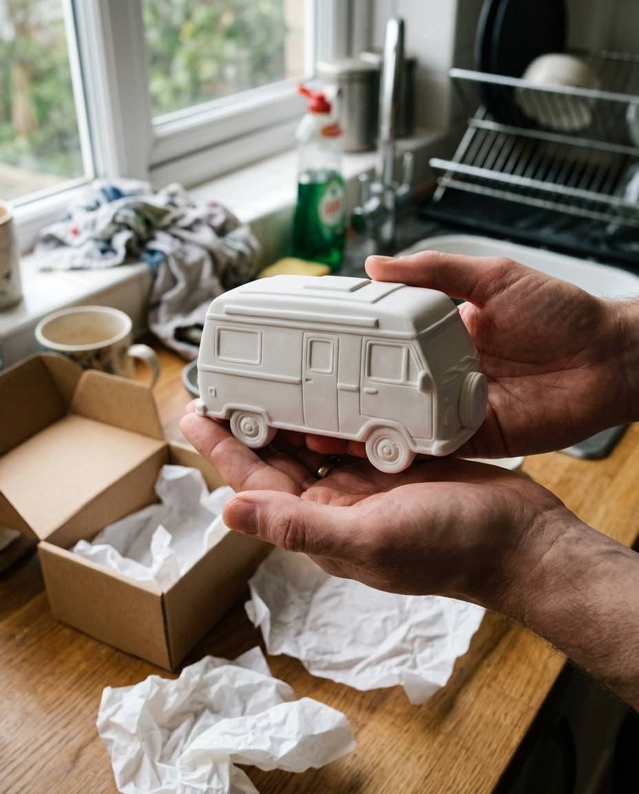 Custom Sculpted Ceramic Car, shown in a home setting