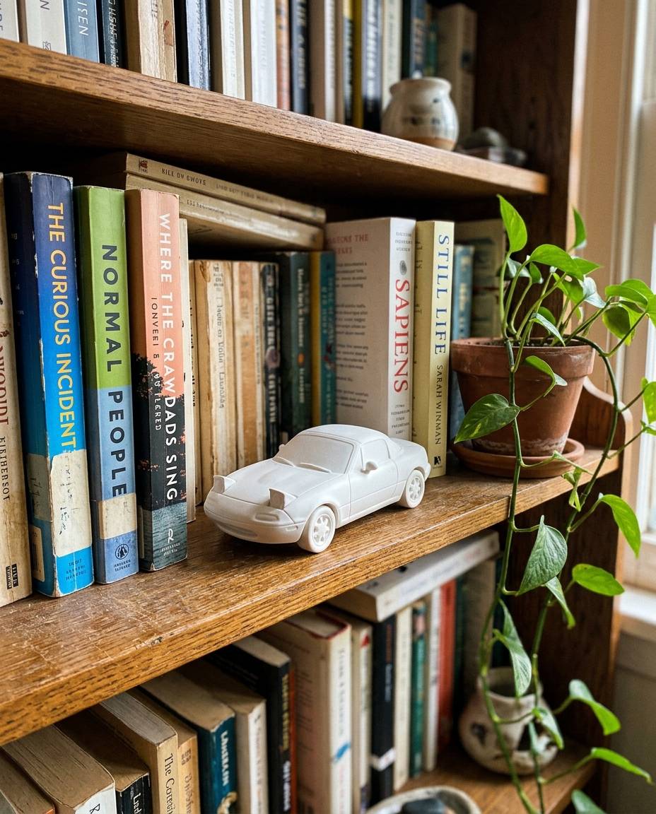 Custom Sculpted Ceramic Car, shown in a home setting