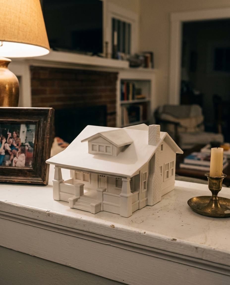 Custom Sculpted Ceramic House, shown in a home setting