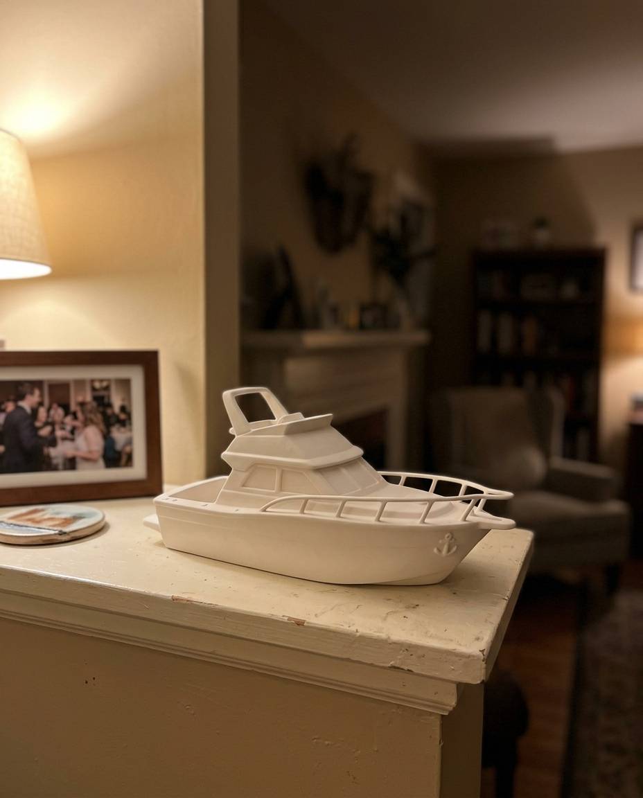 Custom Sculpted Ceramic Boat, shown in a home setting