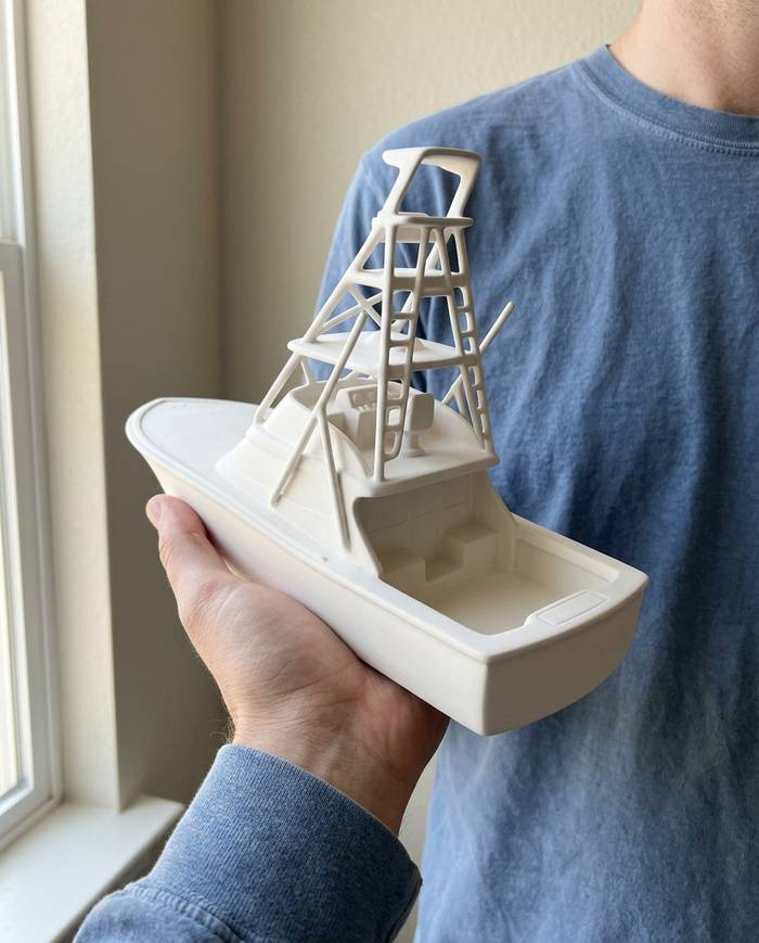 A custom boat keepsake in matte engineered ceramic, shown on a shelf