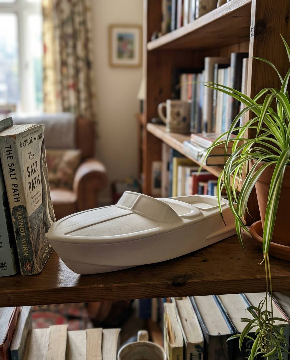Custom Sculpted Ceramic Boat, shown in a home setting