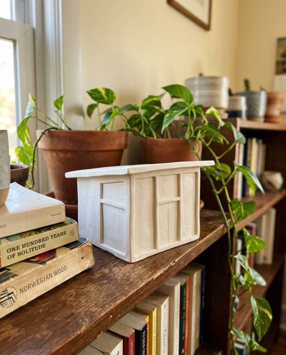 Custom Sculpted Ceramic House, shown in a home setting